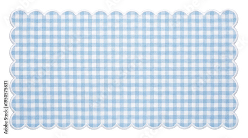 Light blue gingham checkered fabric napkin with scalloped stitched edge on a transparent background