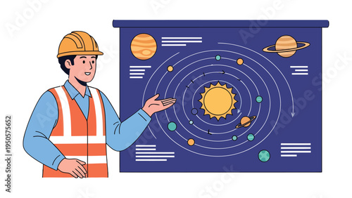 Engineer Explaining the Solar System: An engineer, stands before an illustrated solar system diagram, gesturing towards the sun and planets to deliver an explanation. A vivid scene.