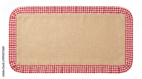 Photos Natural burlap canvas label with red gingham checkered ruffled border on a trans