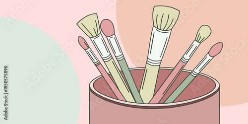 Minimal beauty illustration of makeup brushes inside a cosmetic cup. Perfect for skincare, beauty salon, makeup artist tools, cosmetic branding, fashion lifestyle, and feminine beauty concept.