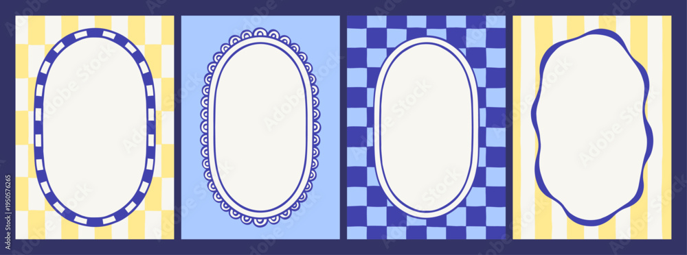 Fototapeta premium Set of four Mediterranean card templates in blue, yellow, and white with striped and checkered backgrounds. Blank framed labels with oval and scalloped shapes for menus, stationery, and packaging.