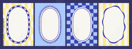Set of four Mediterranean card templates in blue, yellow, and white with striped and checkered backgrounds. Blank framed labels with oval and scalloped shapes for menus, stationery, and packaging.