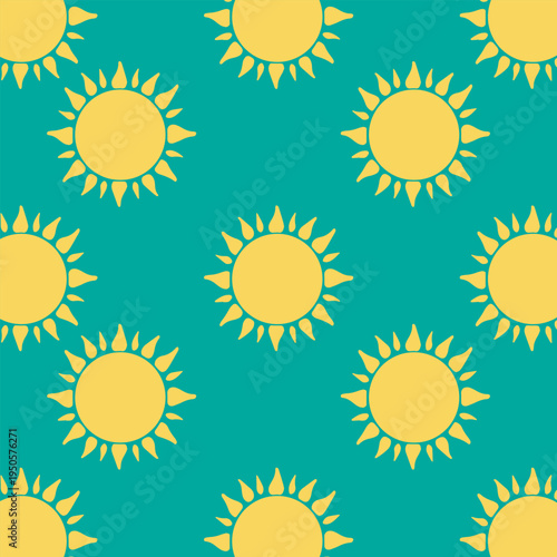 Bright sun seamless pattern on teal blue background for summer design and textile