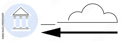 Data migration visual. Data migration illustrated via traditional structure transferring information to the cloud. Data migration supporting digital transformation, storage solutions, and system