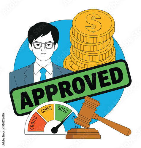 Illustration of a businessman with financial approval, good credit score, and legal backing, symbolizing successful financial and legal outcomes.