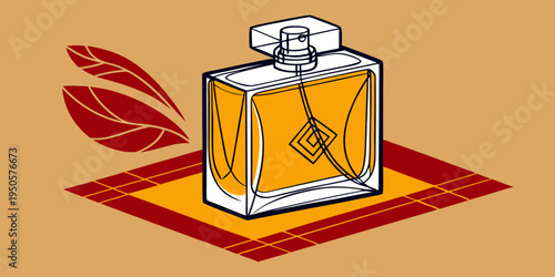 Elegant perfume bottle illustration with red lips symbolizing fragrance, luxury cosmetics, beauty branding, fashion lifestyle, romantic scent product, and modern cosmetic advertisement design.