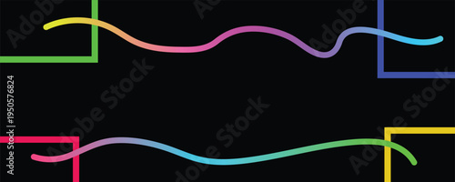 Rainbow gradient wavy lines framed by colored corner brackets on black background create modern decorative border for digital content with vibrant transitions between green blue yellow and pink