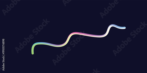 Single smooth wavy line with iridescent gradient colors on dark blue background, abstract and futuristic flowing design element for technology and science visuals
