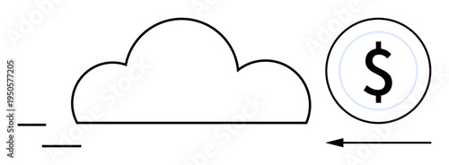 Cloud computing concept. Cloud shapes and a dollar coin cloud-based financial systems. Cloud technology transforming finance and business. Ideal for finance, technology, banking, investment