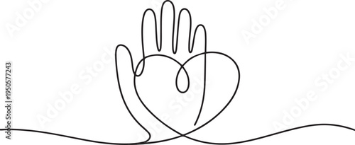 continuous single non-painted one hand line in the shape of a heart drawn from the hand picture silhouette. Line art. heart symbol. one line Icon drawing