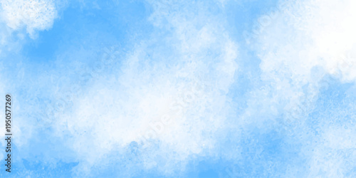 Grunge smooth light sky blue calming image of white clouds in a lavender sky evokes a sense of peace and tranquility, artistic watercolor painting style clouds background.
