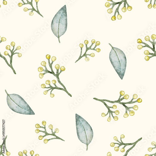 A hand painted watercolor pattern featuring green leaves and yellow buds. The shapes vary in size and placement across a soft light background. The essence of nature and can be used for fabric, wallpa