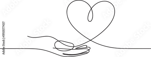 continuous single non-painted one hand line in the shape of a heart drawn from the hand picture silhouette. Line art. heart symbol. one line Icon drawing