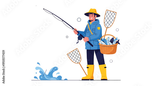 Fisherman at the Lake: An illustration of a fisherman, poised with a fishing rod, casting into a serene lake, capturing the essence of a peaceful fishing experience. 