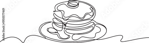 one continuous drawn line of pancakes on plates syrup-drawn hand-drawn picture silhouette. Line art. carnival, pancakes. one line Icon drawing