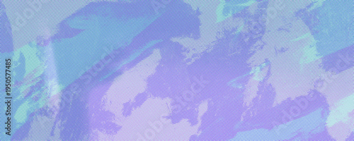 Abstract riso texture with blue violet mint color fields, dense halftone dots, paper grain background. Block paint overlay, grunge poster aesthetic, stamp print surface. Vector illustration