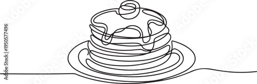 one continuous drawn line of pancakes on plates syrup-drawn hand-drawn picture silhouette. Line art. carnival, pancakes. one line Icon drawing