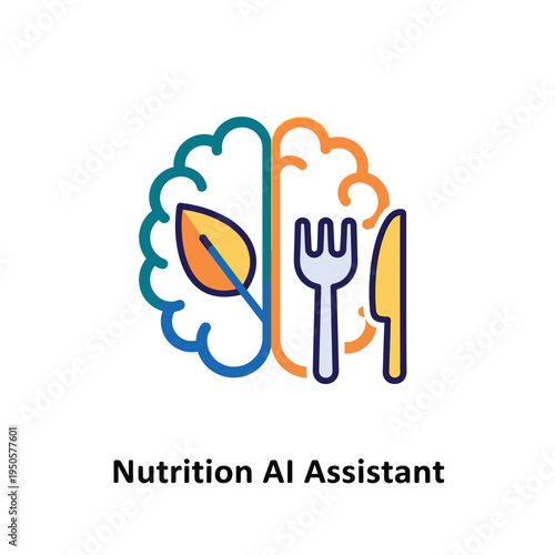 Conceptual icon illustrating an intelligent Nutrition AI Assistant, merging a brain-like structure with elements of healthy food and smart eating for dietary planning and wellness