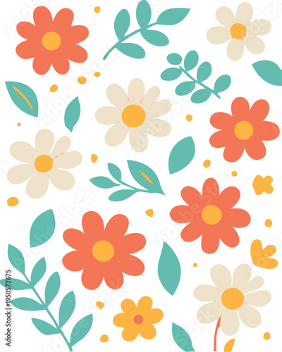 A playful flat vector floral pattern featuring stylized orange and cream daisies with teal leaves scattered across