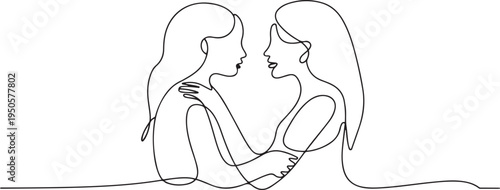 continuous single drawn one line two girlfriends talking hand-drawn picture silhouette. Line art. one line Icon drawing