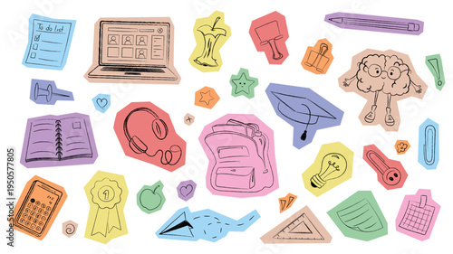 Scrapbook education stickers set in scribble grunge design with cutout edges. Doodle bundle with to do list, laptop, apple, pen, binder clips, brain, notebook, backpack, more. Vector illustration