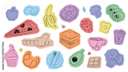 Scrapbook food stickers set in scribble grunge design with cutout edges. Doodle bundle with apple, eggs, banana, donut, mushroom, sushi, pizza, cupcake, croissant, sandwich, more. Vector illustration