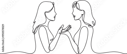 continuous single drawn one line two girlfriends talking hand-drawn picture silhouette. Line art. one line Icon drawing