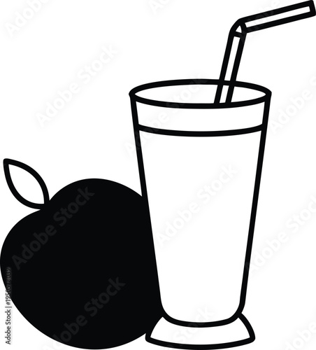 A simple black and white line art illustration of a glass of apple juice next to a fresh apple