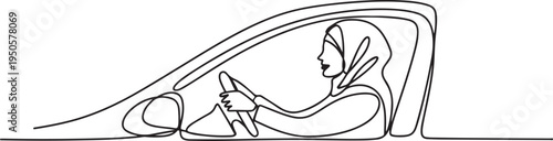 one line continuous painted muslim woman driving a car drawn by hand silhouette picture. Line art. one line Icon drawing