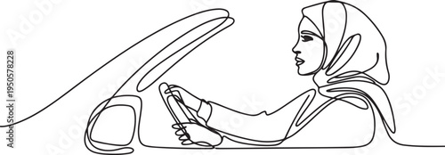one line continuous painted muslim woman driving a car drawn by hand silhouette picture. Line art. one line Icon drawing