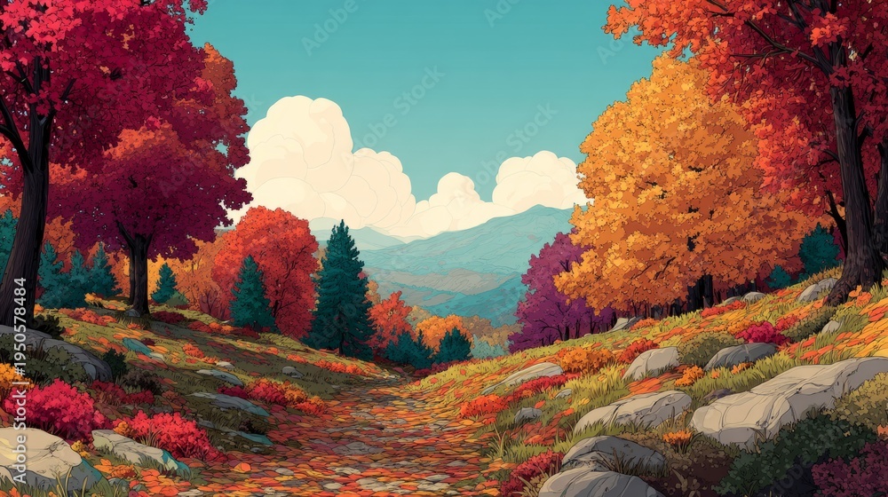 Fototapeta premium Hand-Drawn Illustration of a Woodland Path Surrounded by Colorful Trees