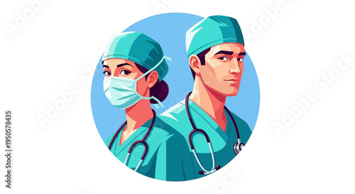 Medical professionals in scrubs and masks.