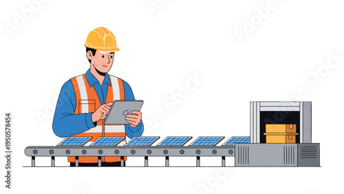Solar Panel Inspection: A skilled engineer, meticulously examines solar panels on a manufacturing line, ensuring quality and efficiency in sustainable energy production.