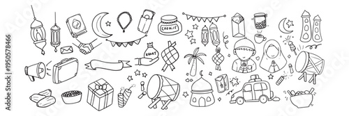 Ramadan Eid doodle set with Islamic icons, lanterns, crescent moon, mosque, zakat, dates and drum