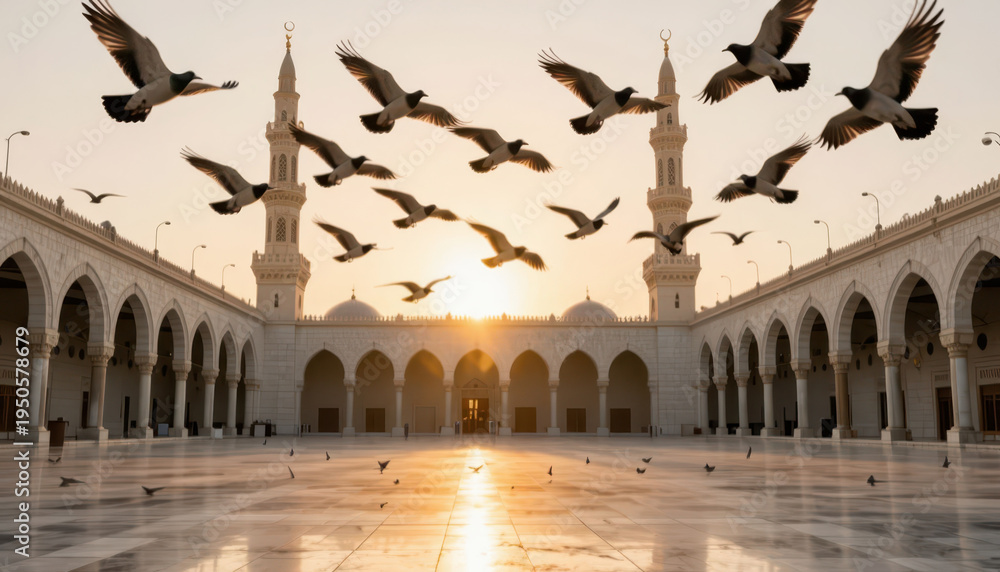 Obraz premium A serene courtyard features elegant architecture. Birds soar above the mosque as the sun rises in the background, creating a peaceful atmosphere.