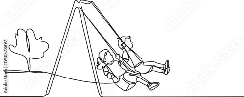 continuous single drawn one line children swing on a swing drawn by hand picture silhouette. Line art. character kids in the playground. one line Icon drawing