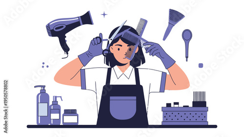 Salon Stylist's Expertise: A skilled stylist stands ready in a salon, surrounded by tools of the trade, embodying precision and artistry. A symbol of transformation and beauty.