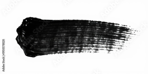 Minimalist abstract black ink brush stroke, wide horizontal paint smear, rough textured edges, dry brush effect, grunge paint streak isolated on a clean white background, high contrast, modern design.