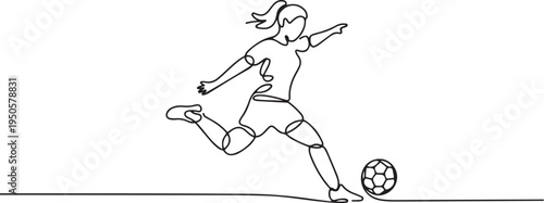 one continuous drawn line of a woman soccer player from a hand picture silhouette. Line art. character of a woman hitting the ball. one line Icon drawing