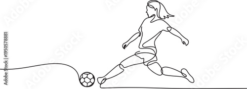 one continuous drawn line of a woman soccer player from a hand picture silhouette. Line art. character of a woman hitting the ball. one line Icon drawing