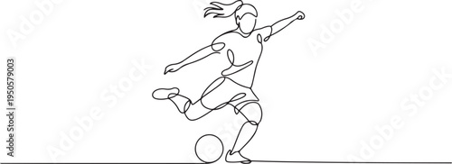 one continuous drawn line of a woman soccer player from a hand picture silhouette. Line art. character of a woman hitting the ball. one line Icon drawing