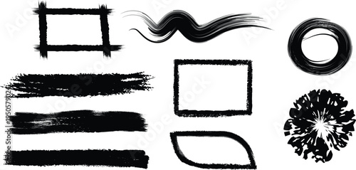 A collection of abstract black brush strokes and shapes on a white background