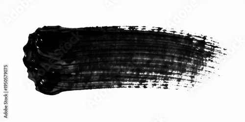 Minimalist abstract black ink brush stroke, wide horizontal paint smear, rough textured edges, dry brush effect, grunge paint streak isolated on a clean white background, high contrast, modern design.