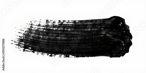 Minimalist abstract black ink brush stroke, wide horizontal paint smear, rough textured edges, dry brush effect, grunge paint streak isolated on a clean white background, high contrast, modern design.