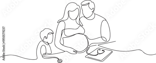 one continuous drawn line pregnant woman family at a doctor's reception painted by hand silhouette picture. Line art. character woman at a doctor's appointment. one line Icon drawing