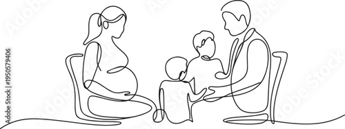 one continuous drawn line pregnant woman family at a doctor's reception painted by hand silhouette picture. Line art. character woman at a doctor's appointment. one line Icon drawing