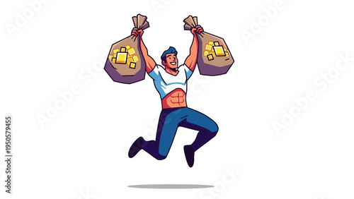 Man Jumping with Money Bags.