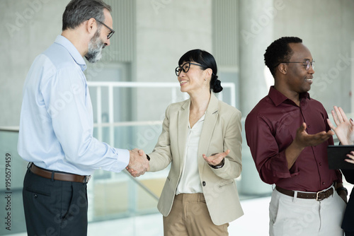 Photography Diverse business people making a deal and greeting each other, reflecting collab