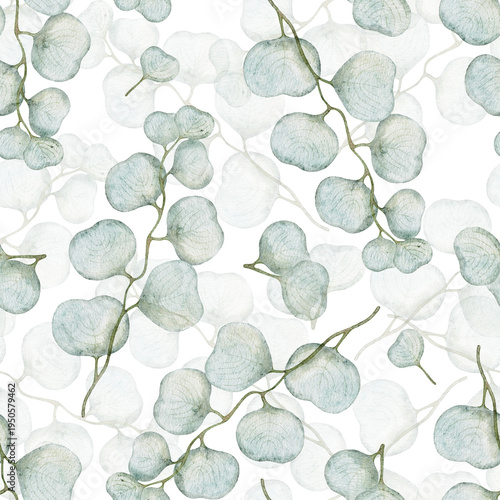 Watercolor eucalyptus branches with round silver green leaves arranged in a seamless botanical pattern. Soft overlapping foliage with delicate veins and thin stems painted in light natural tones on a 