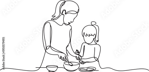continuous single drawn one line mom with daughter cooking food hand-drawn picture silhouette. Line art. one line Icon drawing